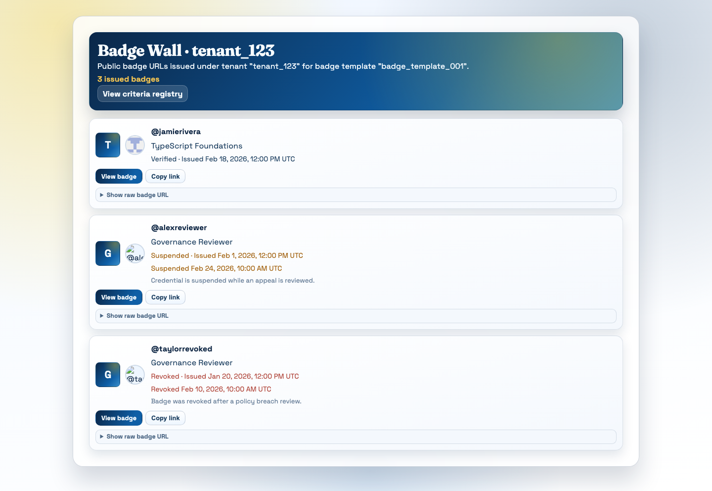 CredTrail public badge wall with issued credential URLs