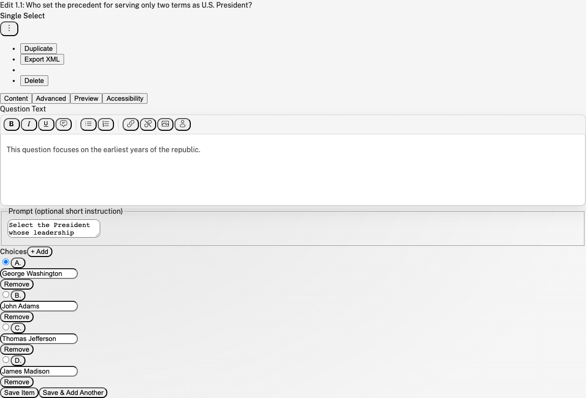 QFlow question editing workspace from a local demo assessment